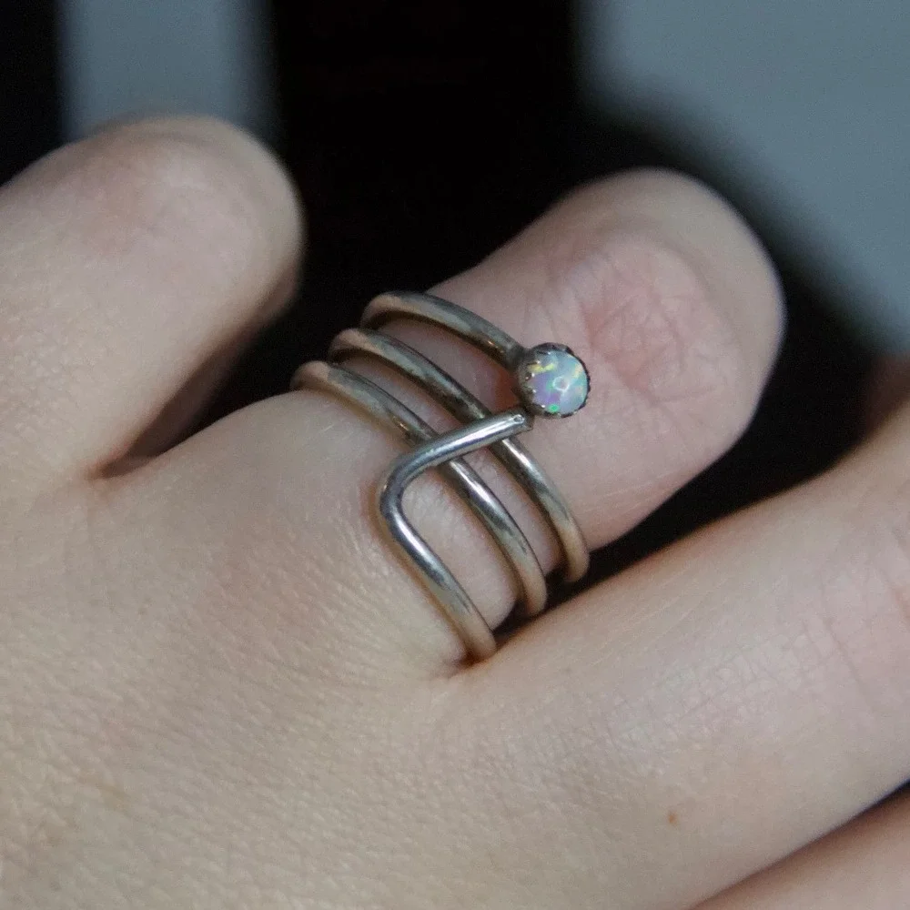 Sterling Silver Multi Band Wrap Ring with Round‎ Opal Size 6